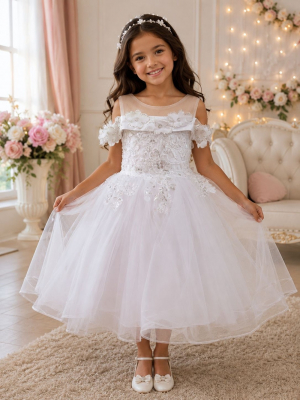 Girls Dress Style 9183 - Off White Off-Shoulder 3D Daisy Tulle Dress